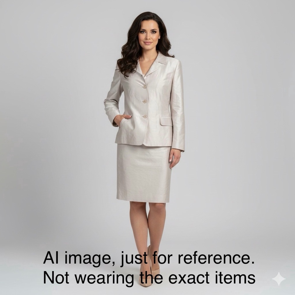 Vintage ESCADA SPORT 100% Silk Shantung Silver Blazer And Skirt Sets Size 42
